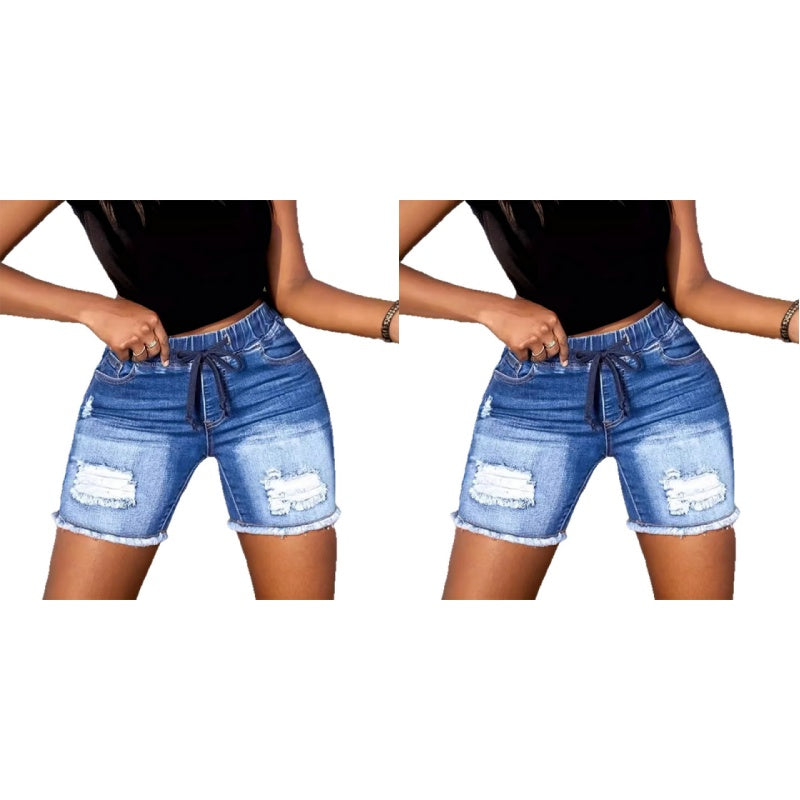 Damen-Jeansshorts mit elastischem Kordelzugbund und Rissen